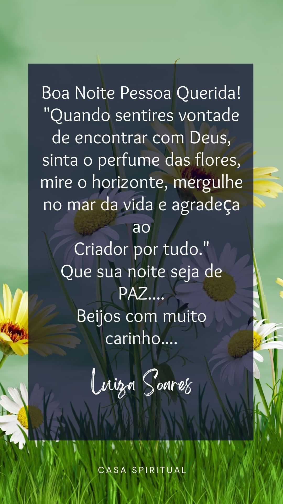 Boa Noite Pessoa Querida! "Quando sentires vontade de encontrar com Deus, sinta o perfume das flores, mire o horizonte, mergulhe no mar da vida e agradeça ao Criador por tudo." Que sua noite seja de PAZ.... Beijos com muito carinho....