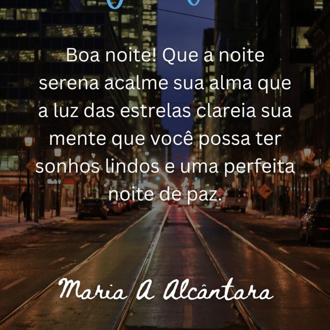 Boa noite! Que a noite serena acalme sua alma que a luz das estrelas clareia sua mente que você possa ter sonhos lindos e uma perfeita noite de paz.