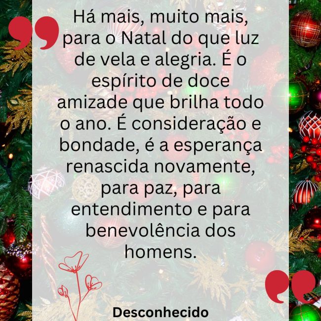 Há mais, muito mais, para o Natal do que luz de vela e alegria. É o espírito de doce amizade que brilha todo o ano. É consideração e bondade, é a esperança renascida novamente, para paz, para entendimento e para benevolência dos homens.