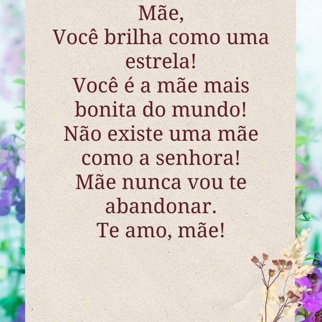 Mãe, Você brilha como uma estrela! Você é a mãe mais bonita do mundo! Não existe uma mãe como a senhora! Mãe nunca vou te abandonar. Te amo, mãe!