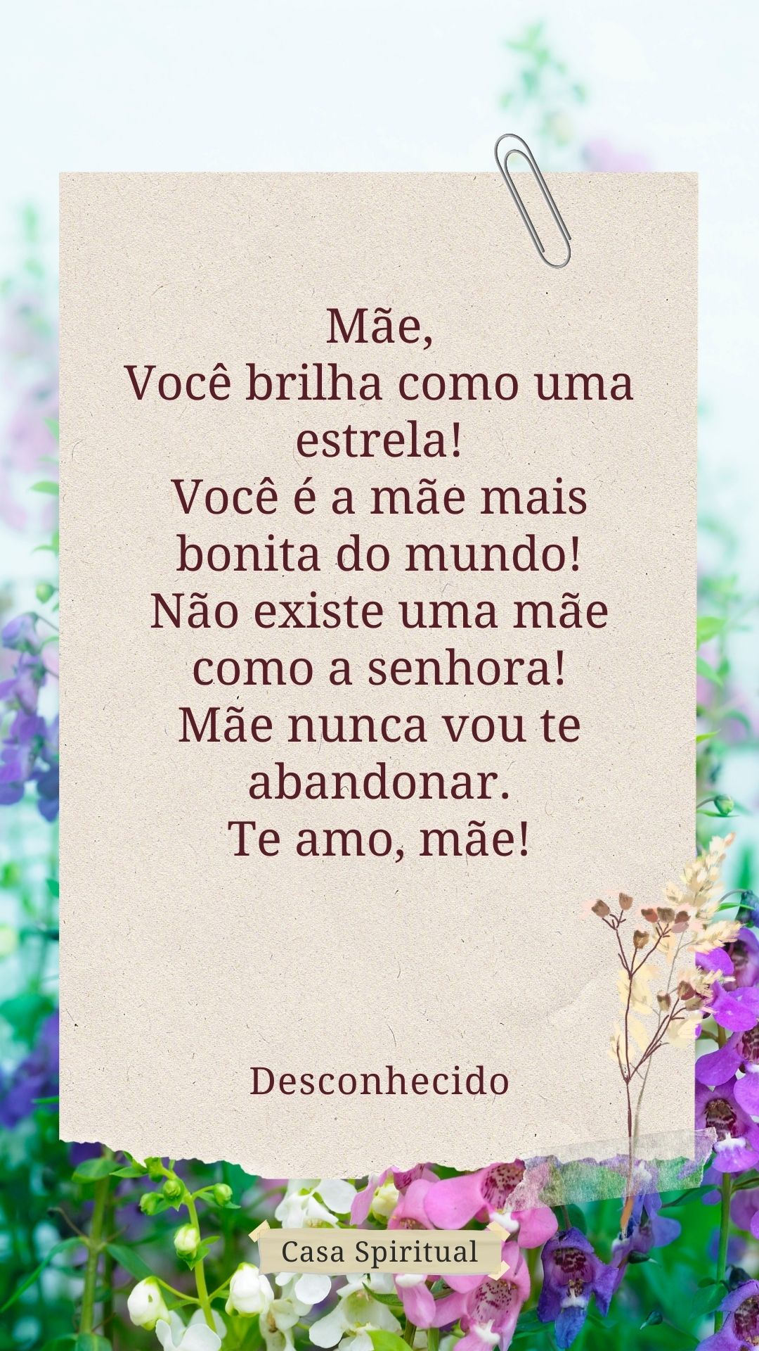 Mãe, Você brilha como uma estrela! Você é a mãe mais bonita do mundo! Não existe uma mãe como a senhora! Mãe nunca vou te abandonar. Te amo, mãe!