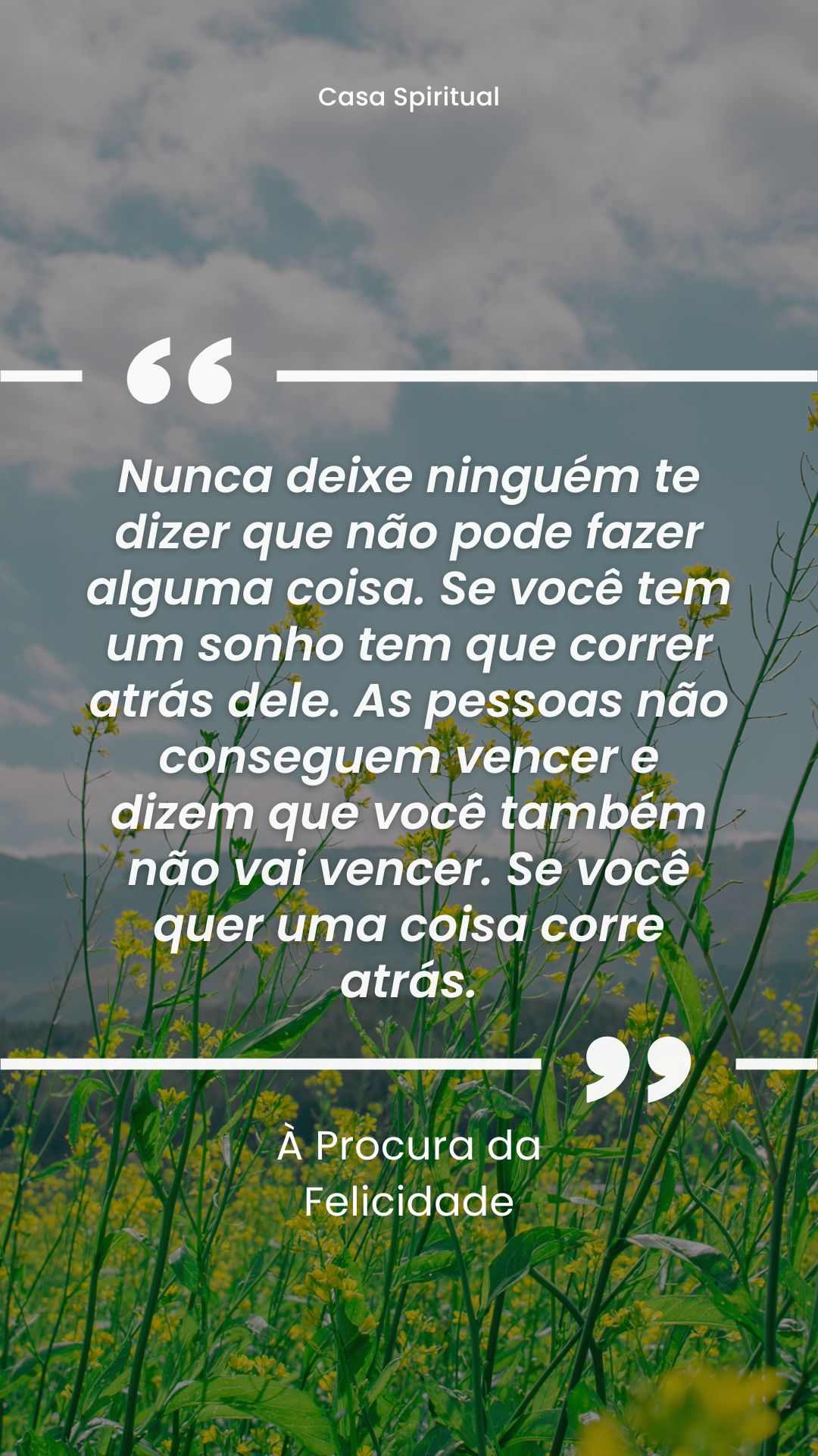 Nunca deixe ninguém te dizer que não pode fazer alguma coisa. Se você tem um sonho tem que correr atrás dele. As pessoas não conseguem vencer e dizem que você também não vai vencer. Se você quer uma coisa corre atrás.