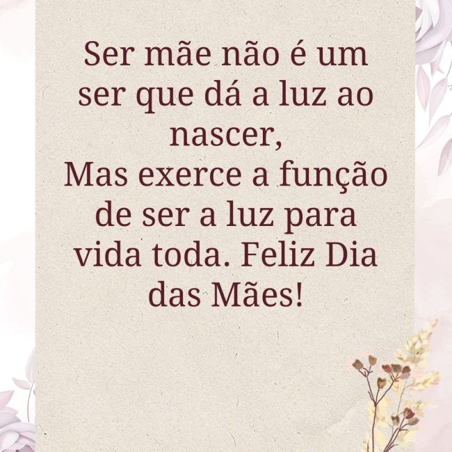 Ser mãe não é um ser que dá a luz ao nascer, Mas exerce a função de ser a luz para vida toda. Feliz Dia das Mães!